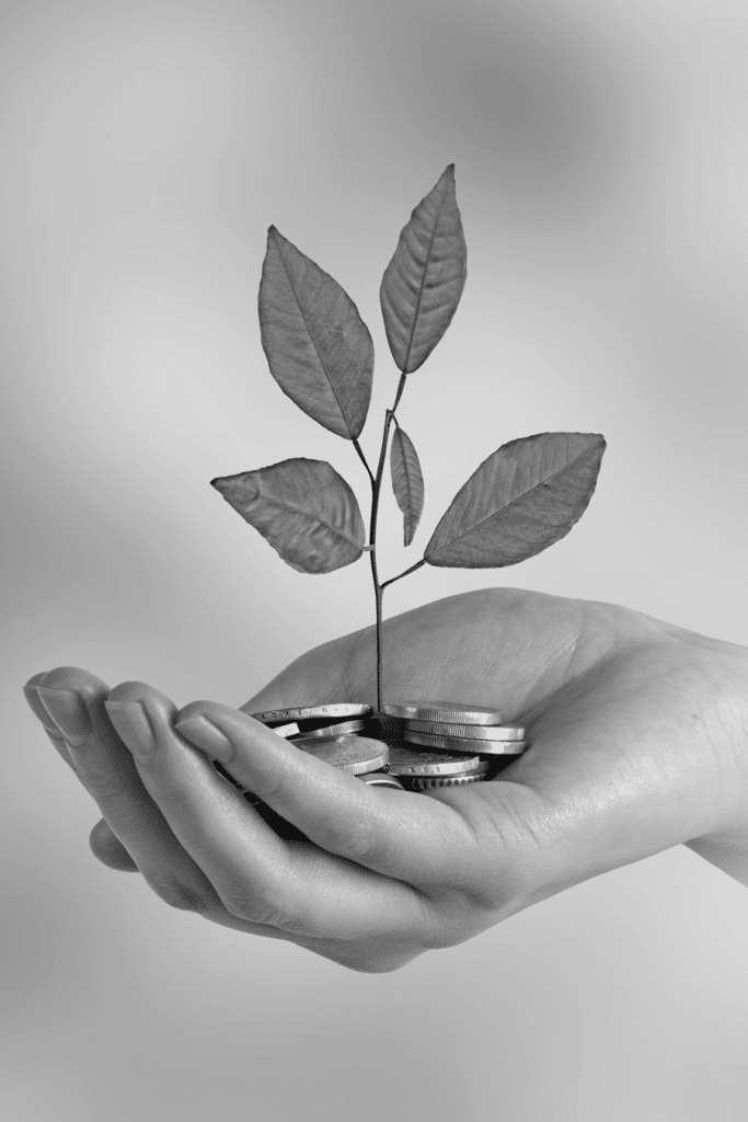 hand holding coins with plant growing out of the coins